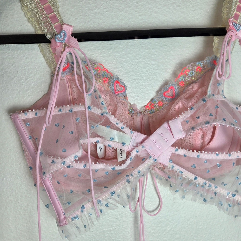 For Love Lemons Balconette Bra Lace Mesh Heart Print Tie Front Coquette - Picture 4 of 8